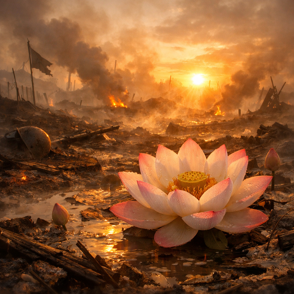 Lotus flower blooming in a muddy, burned landscape with fires and smoke at sunset